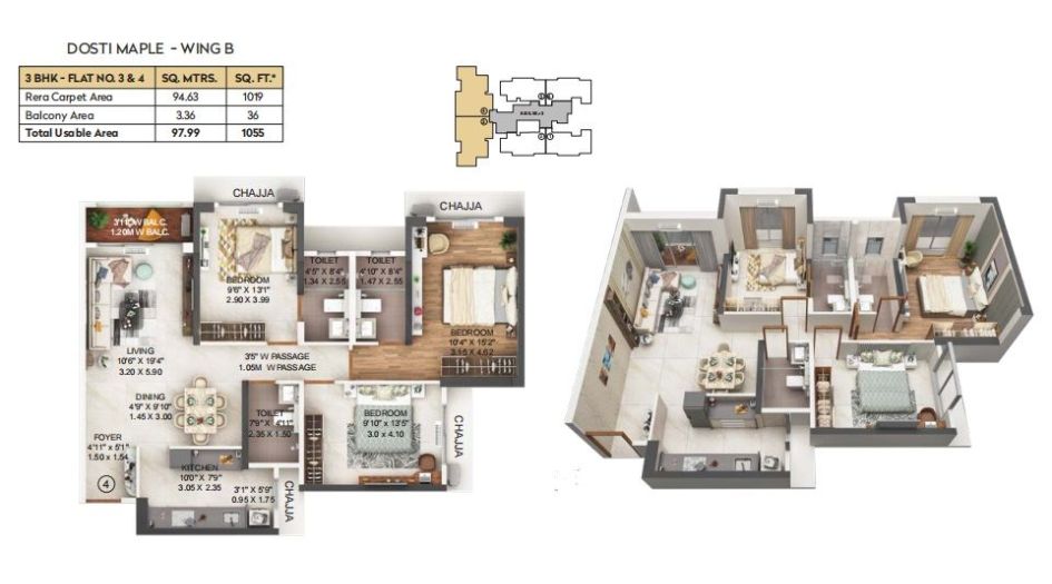 Dosti-Maple-Floor-Plan-B Wing-3 BHK-1055 Sqft